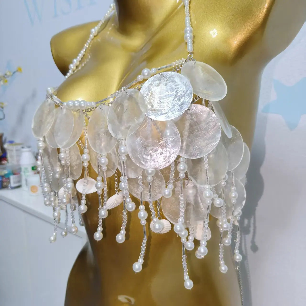 Handmade Sparkly Bohemian Mermaid Shell Beaded Halter Top Women Summer Beach Party Vacation Rave Outfit Sequins Beaded Bra Tops