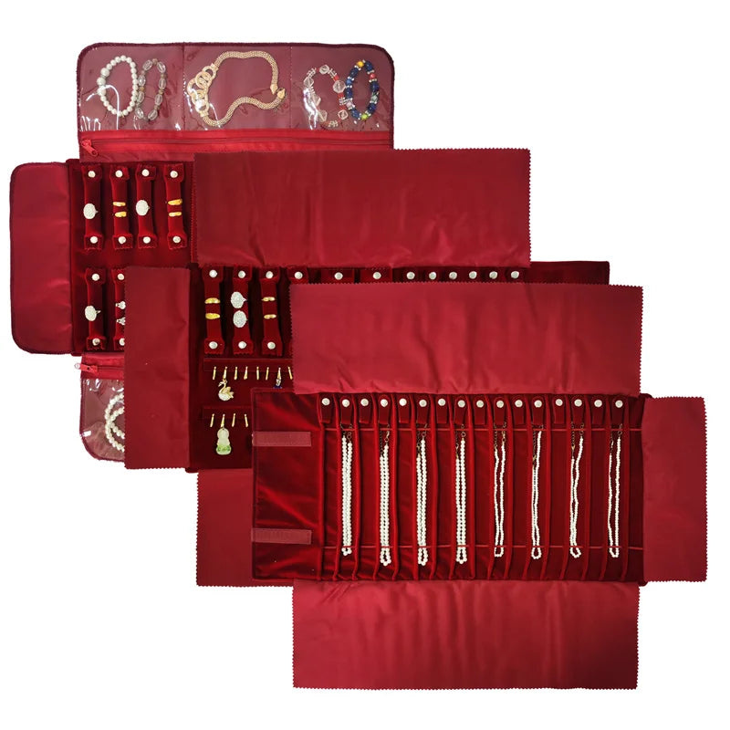 Burgundy Velvet Jewelry Roll Bag Portable Foldable for Necklace Earrings Ring Travel Exhibitions Organizer Storage Bag
