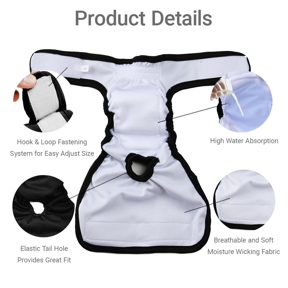 3pcs Female Dog Diapers Washable Reusable Puppy Nappies Physiological Pants Adjustable Pet Sanitary Panties Short for Girl Dogs