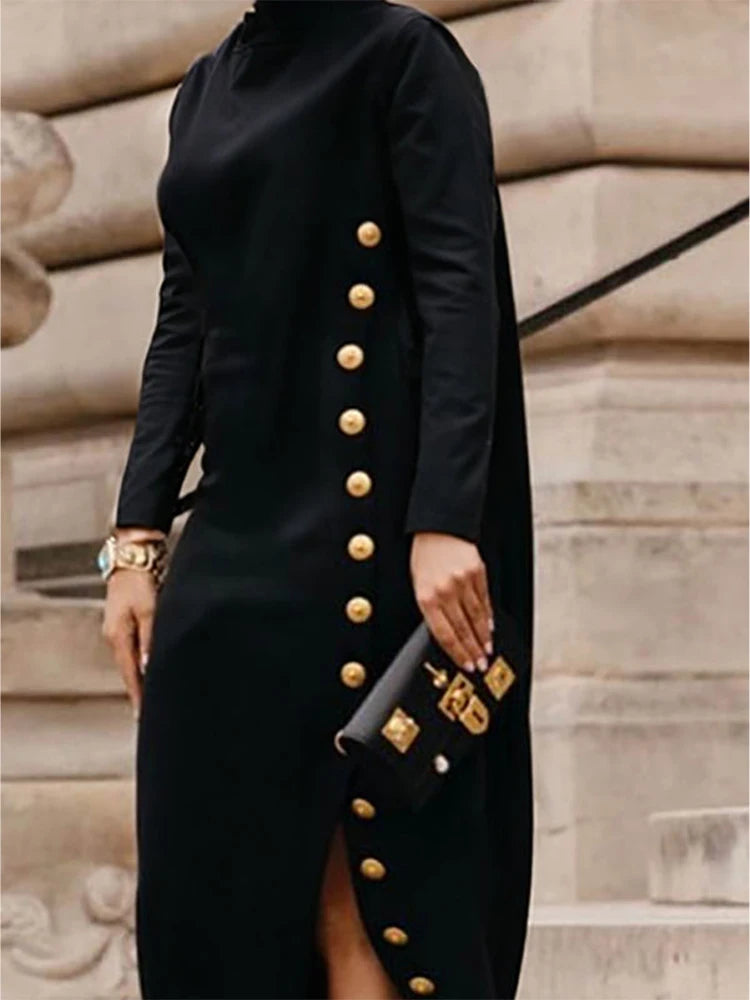 Women Autumn Shawl Collar Evening Maxi Dresses 2025 New Fashion Buttoned Split-Side Long Sleeves Elegant Office Dress