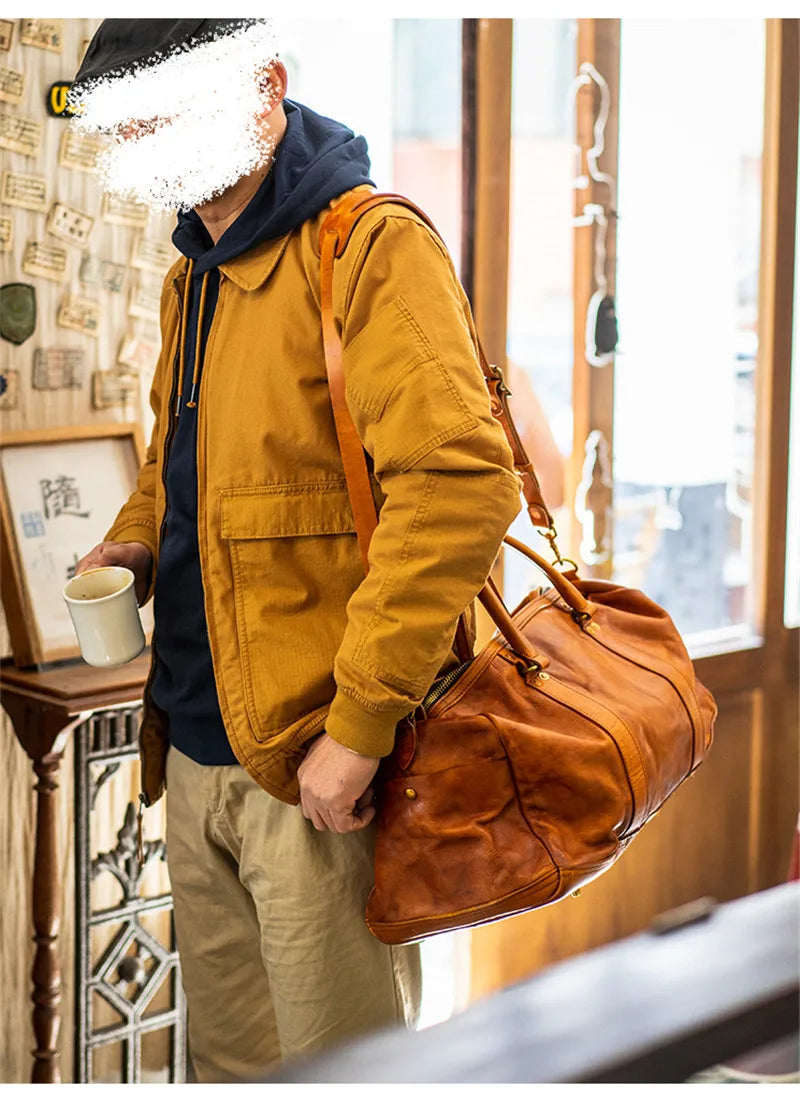 Vintage fashion luxury genuine leather men's travel bag outdoor weekend large capacity crossbody bag real cowhide women handbag