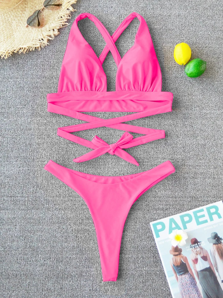 Sexy Bikini 2025 Solid Swimsuit Female Swimwear Women Push Up Bikini Set Cross Bandage Bathing Suit Beach Wear Swimming Suit
