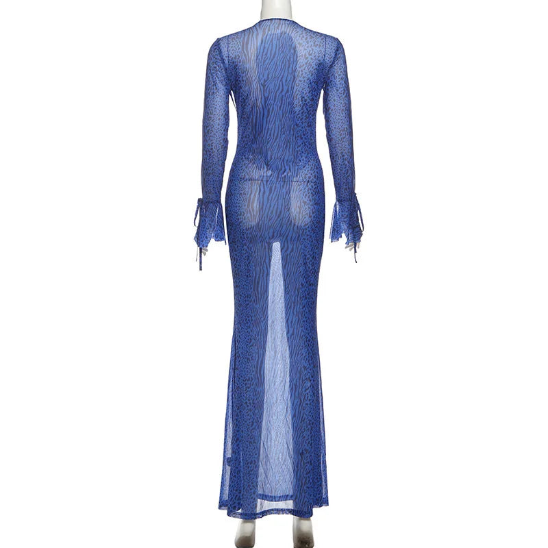 Mozision Deep V Neck Long Sleeve Sexy Maxi Dress Women Gown Elegant Leopard Print Mesh See Through Club Party Long Dresses