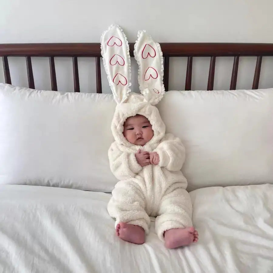 2025 Winter New Baby Long Sleeve Warm Romper Plus Velvet Thick Infant Girl Rabbit Ears Hooded Jumpsuit Toddler Clothes 0-24M