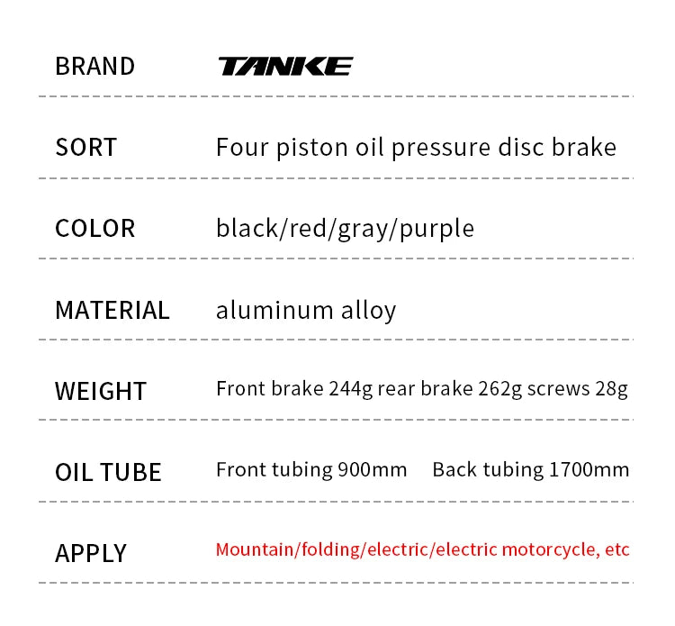 TANKE MTB 4-piston hydraulic disc brake 900/1700mm, 4-piston brake pad in resin, oil pressure AM DH road MTB ultra-light disc br