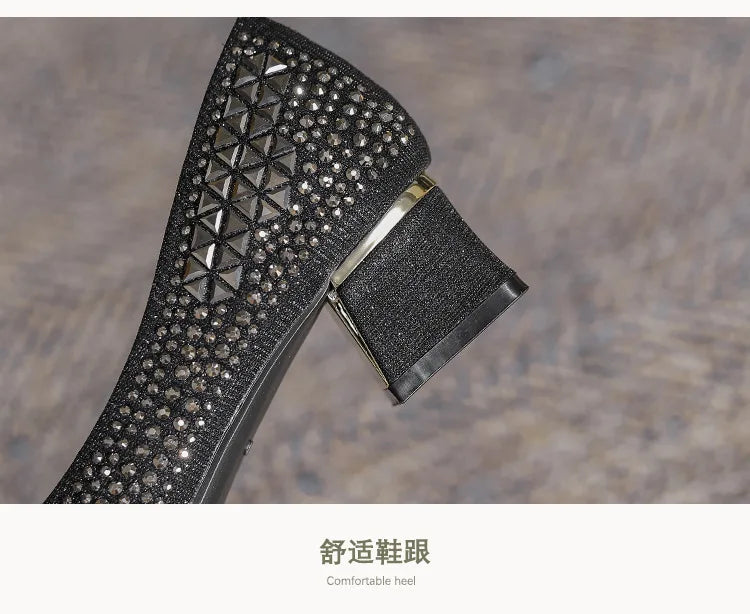 Sequines Cloth Gold rivets pumps women pointed toe glitter med-high heels shoes metal heeled female tacones elegant OL shoes