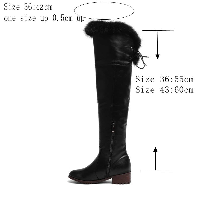 SIMLOVEYO Snow Boots fur Women Leather Boots Med Block Heels Over The Knee Boots Lady Shoes Bota Feminina Size 44 46