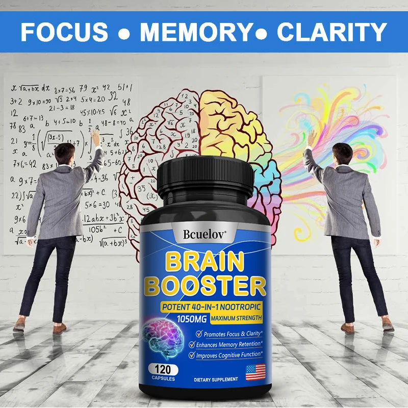 Brain Nutrition Capsules - Dietary Supplement, 40-in-1 Potent Formula, Vegan, Non-GMO, Supports Focus and Brain Health