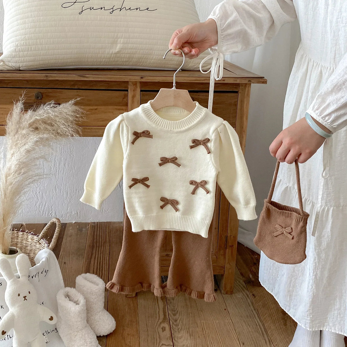 Baby Girl 3-Piece Knitted Outfit Set  Autumn Cute Bowknot Cream Sweater + Brown Ruffle Flared Pants + Mini Bag Girls Clothing