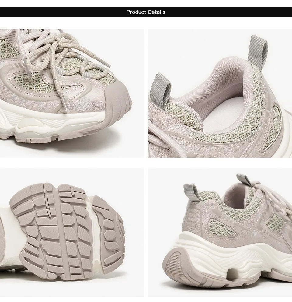 BEAUTODAY Chunky Sneakers Women Synthetic Leather Mesh Patchwork Round Toe Lace-up Trainers Ladies Platform Shoes Handmade 29A48