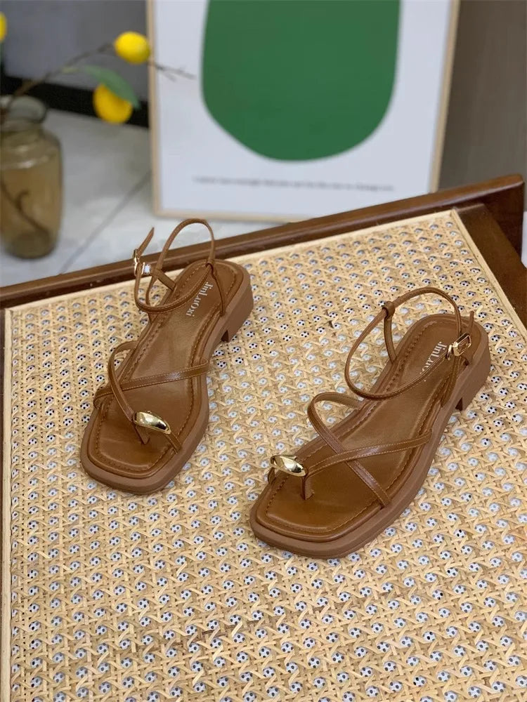 Sandals Women 2024 Summer New Fashion Square Toe Roman Shoes Simple Fairy Strap Women Shoes Flat Casual Shoe Sandalias De Mujer