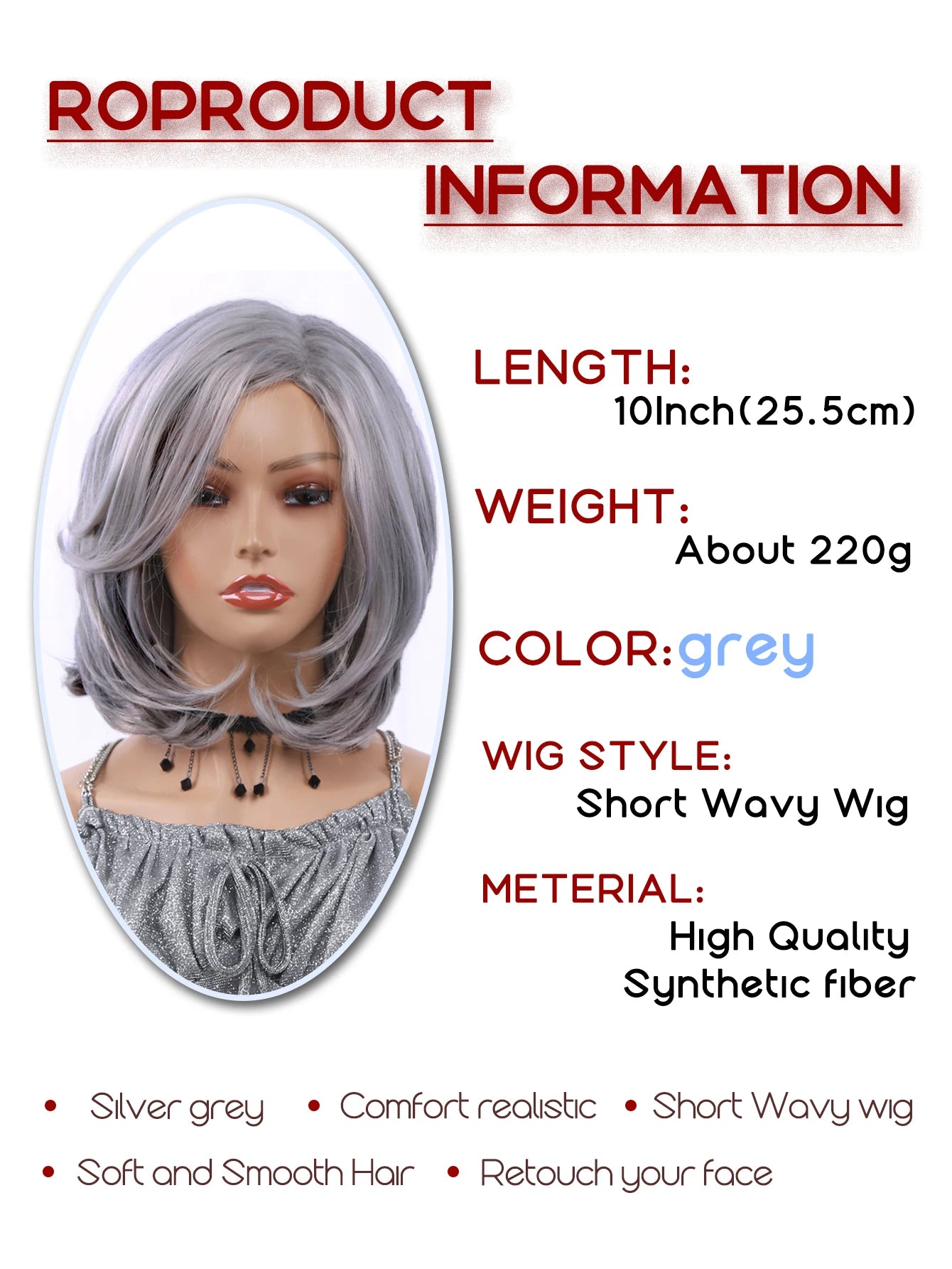 Mid-length Grey Wavy Bob Wigs Short Gray Curly Wig Synthetic Wigs Average Size Realistic Natural Daily Wigs for Woman 10-12 Inch
