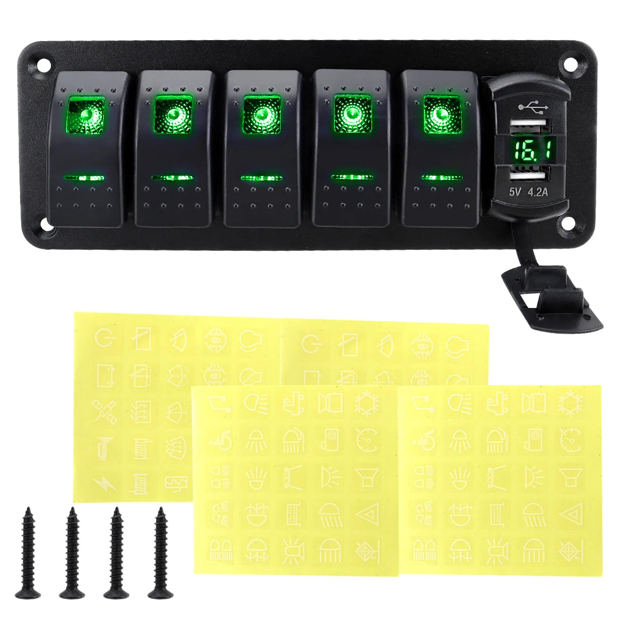 12V 24V DC 3/4/5/6/8 sets of marine control lever switch panel, with 4.8A dual USB charger voltage and sticker, green