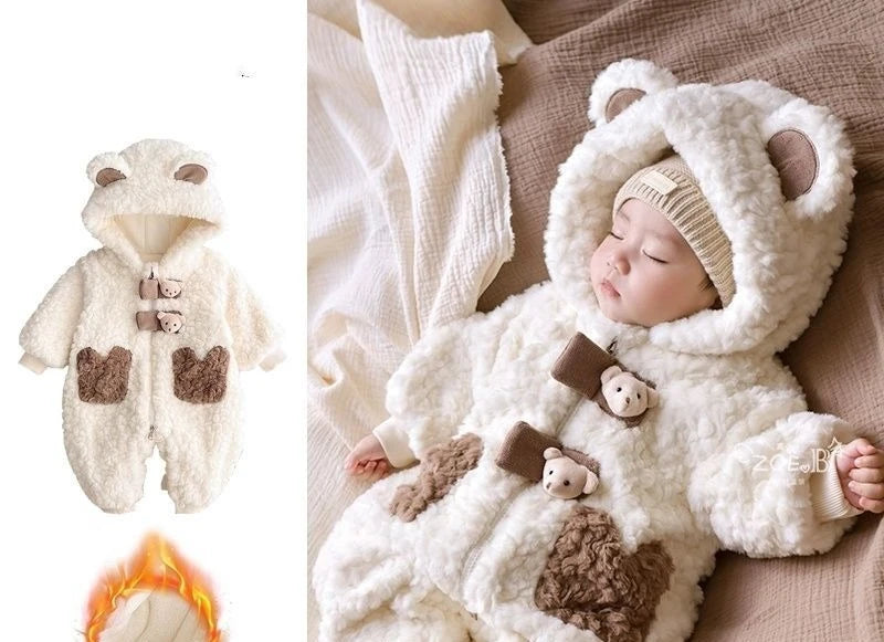 2026 Winter Baby Girls Boys Cute Cartoon Bear Soft Warm Fleece Hooded Rompers Infant Kids Long Sleeve Overalls Jumpsuit