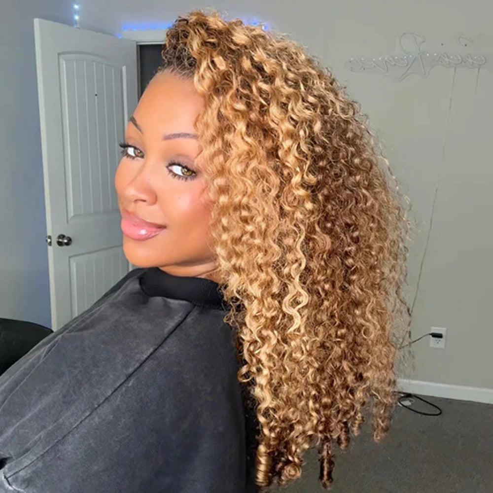 Highlight Burmese Curly Half Wigs Glueless Human Hair With Drawstring Colored 3 IN 1 Half Wigs Flip Over Burmese Curly Half Wigs
