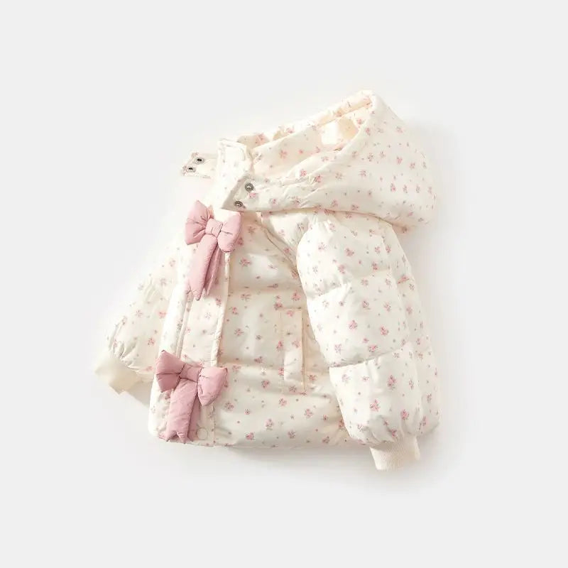 Winter 2024 Girls Plush New Fashion Sweet Floral Cotton Jacket Baby Cotton Hooded Autumn and Winter Bow Coat
