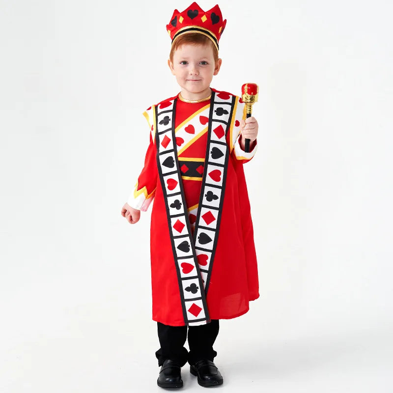 Kids King of Hearts Costume, Red Poker King Cosplay Outfit for Boys Halloween Carnival Party with Crown