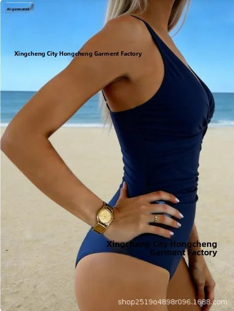 Fashionable Women's One-Piece Swimsuit Tummy Control Trendy Swimwear Cross-Border 2026 New Style Pure Color No Sleeve