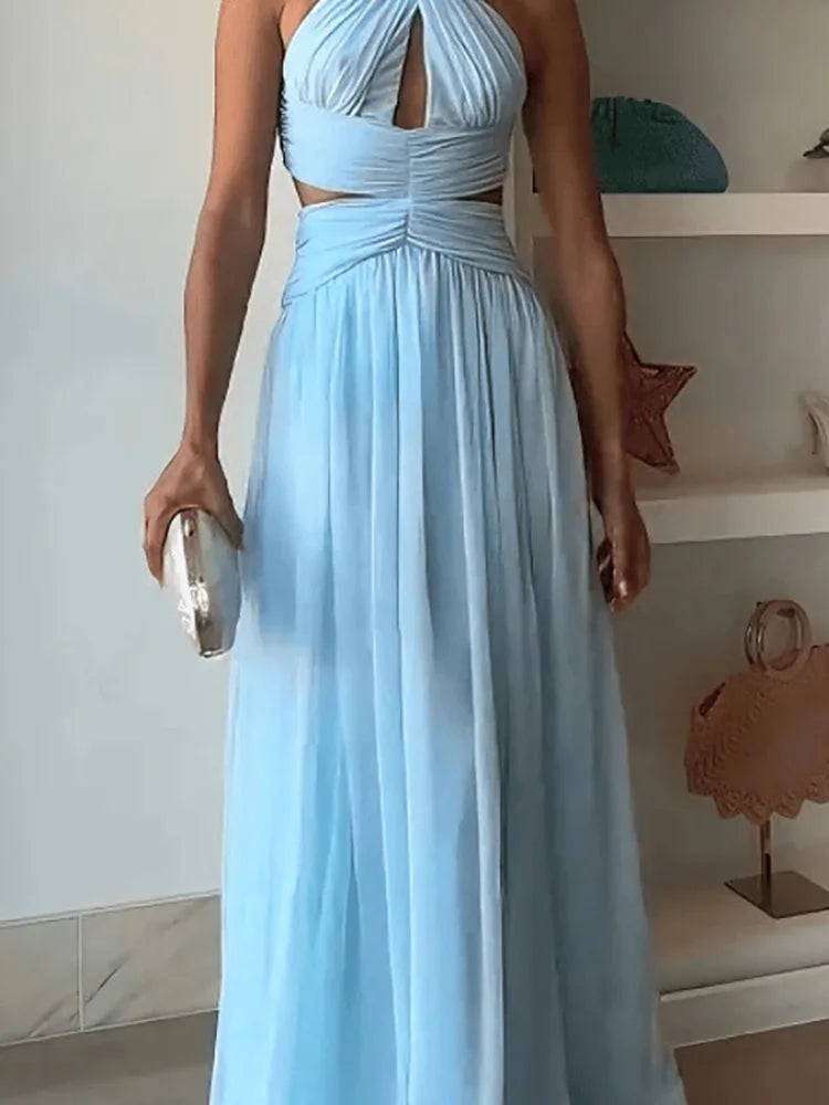 Elegant Lady Backless Slim Fit Evening Dress Fashion Hollowed Out Sleeveless Cocktail Dress Blue Off Shoulder Pleated Long Dress