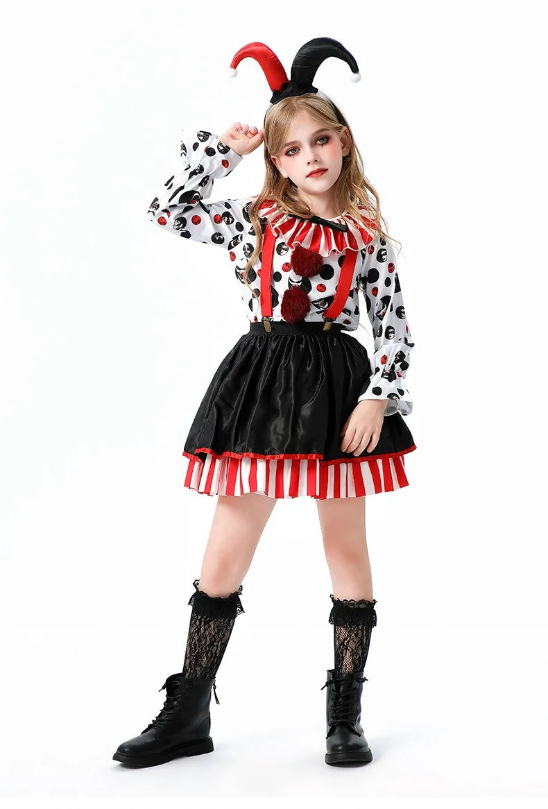 Halloween Cosplay Costumes Horror Clown Dresses Pants Headwear Clothes Sets Carnival Theme Party Role Playing Outfits for Girls