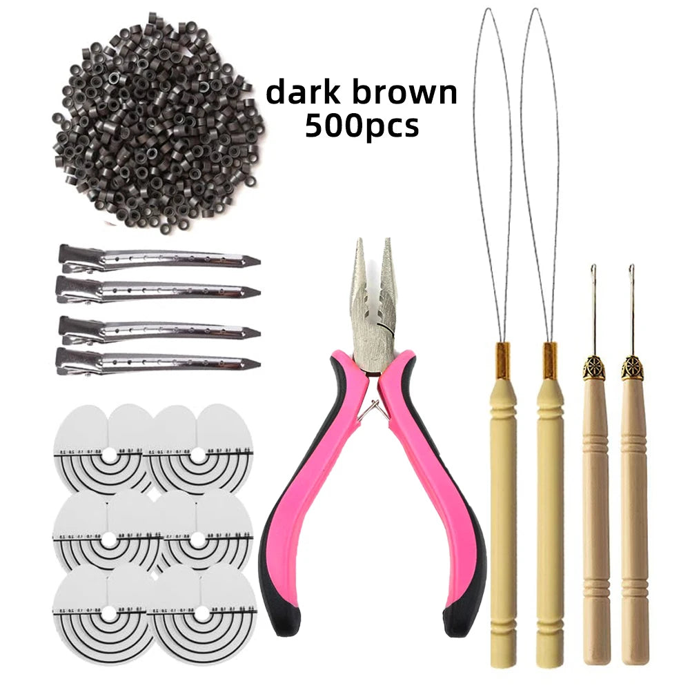 500 Pcs Hair Extensions Tools Kit Silicone Micro Rings with Three-Hole Hair Pliers Pulling Hook Needle Loop Threader