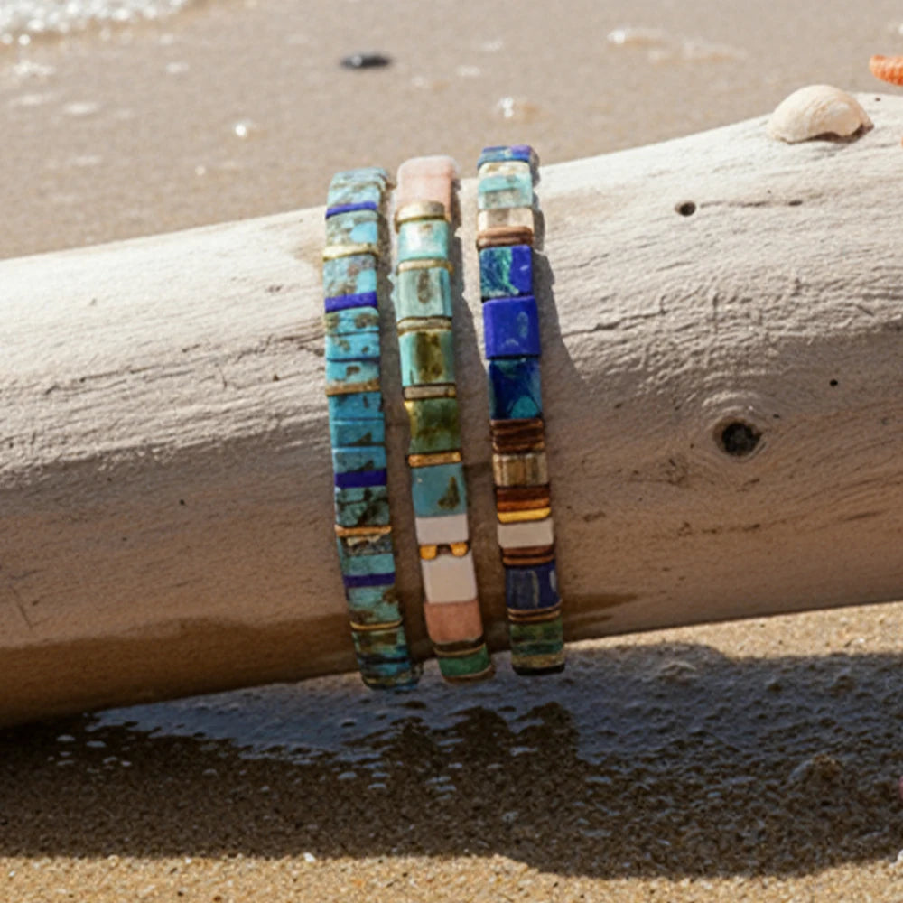 3PCS Colorful Tile Beaded Bracelet Set for Women Girls, Boho Square Beads Stretch Bracelets Summer Beach Holiday Fashion Jewelry
