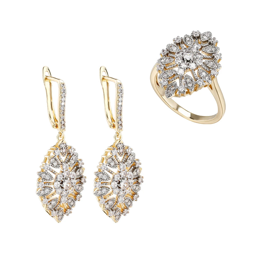 Flower hollow design inlaid with zircon two-tone hoop earrings and ring set fashion jewelry wedding party holiday accessories