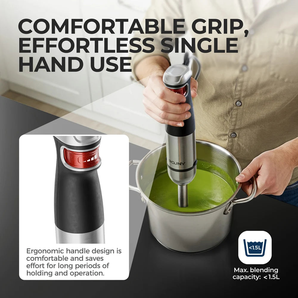 ROUNY 6-in-1 Multi-Purpose Immersion Hand Blender, Max 1500W Stick Blender with Stainless Steel Blades for Home and Kitchen
