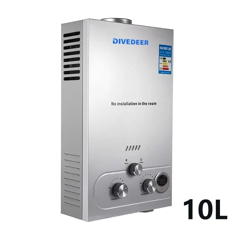 DIVEDEER 6L–18L Portable Instant-Heat LPG Water Heater for Home Use Stainless Steel Construction, Easy Installation