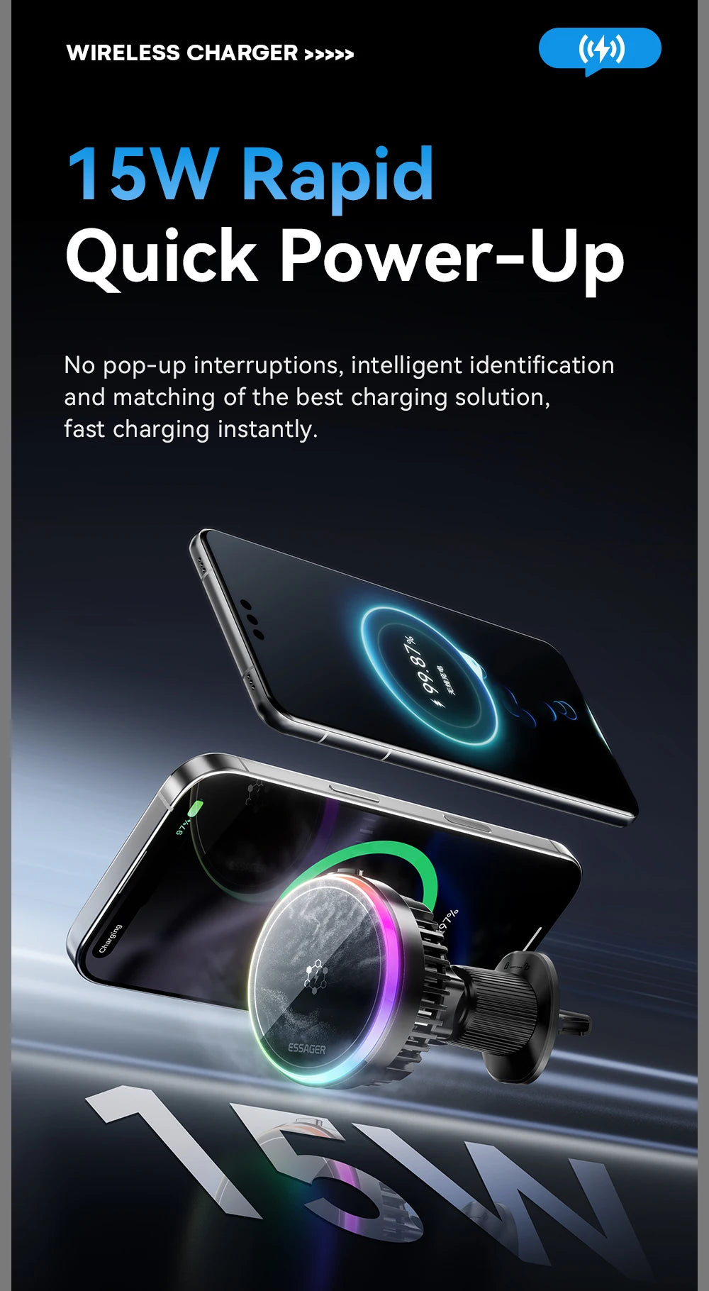 Essager Cooling Magnetic Car Wireless Charger 15W Fast Charging Station For Magsafe iPhone 16 Huawei 360° Roation Phone Holder