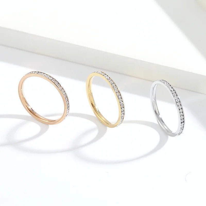 Unisex Luxury 2mm Stainless Steel Cubic Zircon Ring Gold Silver Color Adjustable Statement Band for Men And Women US Size 5-11