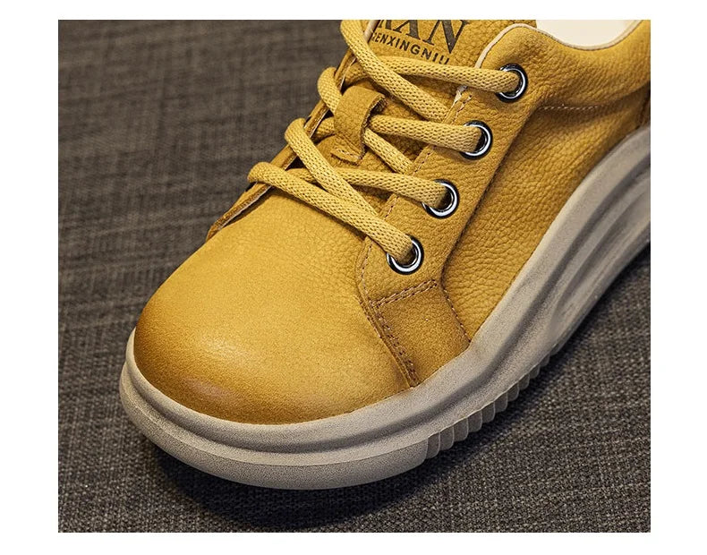 DRKANOL Spring Genuine Leather Casual Sneakers Women Thick Bottom Platform Lightweight Single Shoes Ladies Wedges Heel Shoes