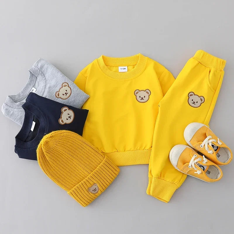2PCS Children's Set Spring and Autumn Simple Little Bear Head Round Neck Long Sleeve Pants Outdoor Set for Young Children