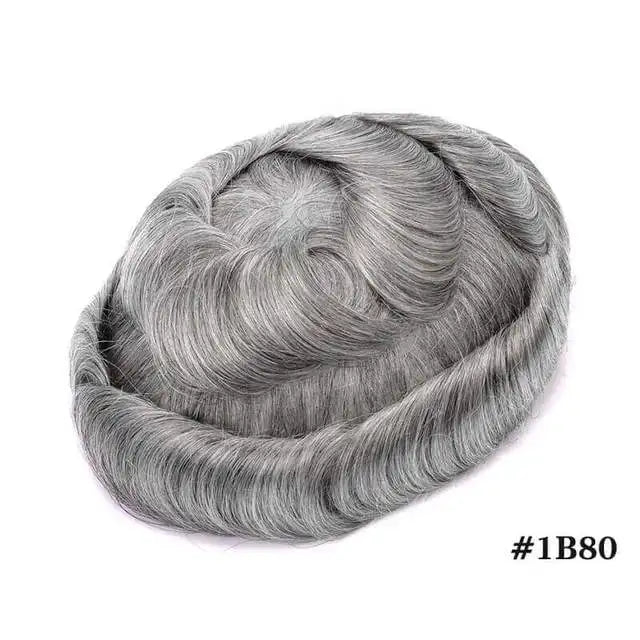 Men Toupee Lace NPU Human Hair Wig Indian Human Hair System Male Hairpiece Natural Wave Hair Pre-Plucked Hairline With Grey Hair