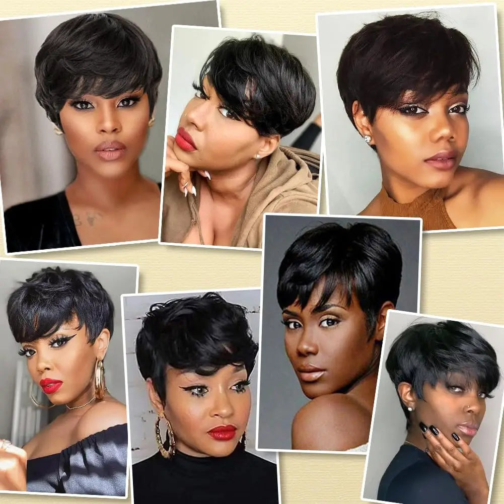 Pixie Cut Straight Black Human Hair Short Bob Wig Cheap Remy Human Hair For Black Women Full Machine Made Wig For Daily Use