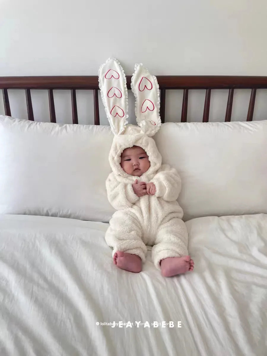 2025 Winter New Baby Long Sleeve Warm Romper Plus Velvet Thick Infant Girl Rabbit Ears Hooded Jumpsuit Toddler Clothes 0-24M