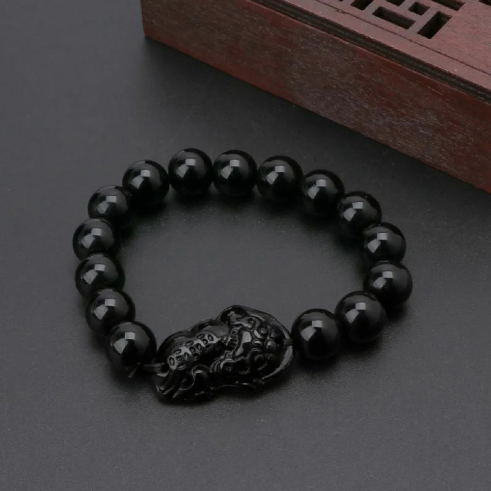 Fashion Jewelry Unisex Pixiu Men Attract Wealth Women Bracelets Obsidian Stone Beads Wristband Good Luck Bangle