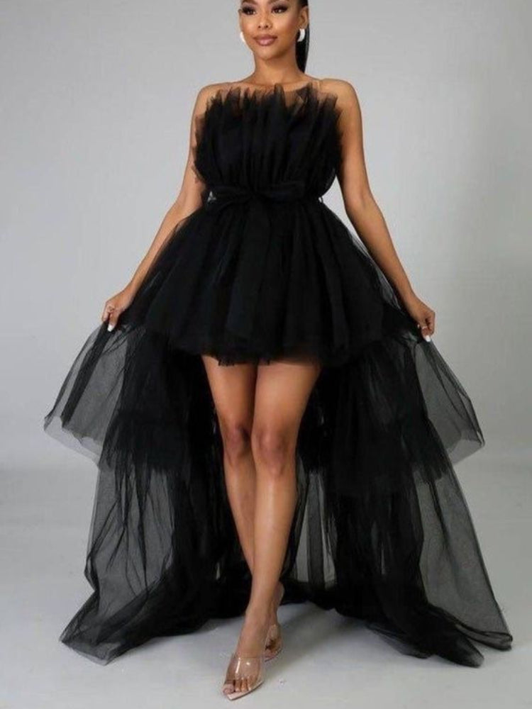 CM.YAYA Women Strapless Mesh Ball Gown High Low Irregular Cocktail Dress 2023 Autumn Vestidos Sexy Party Even Dresses
