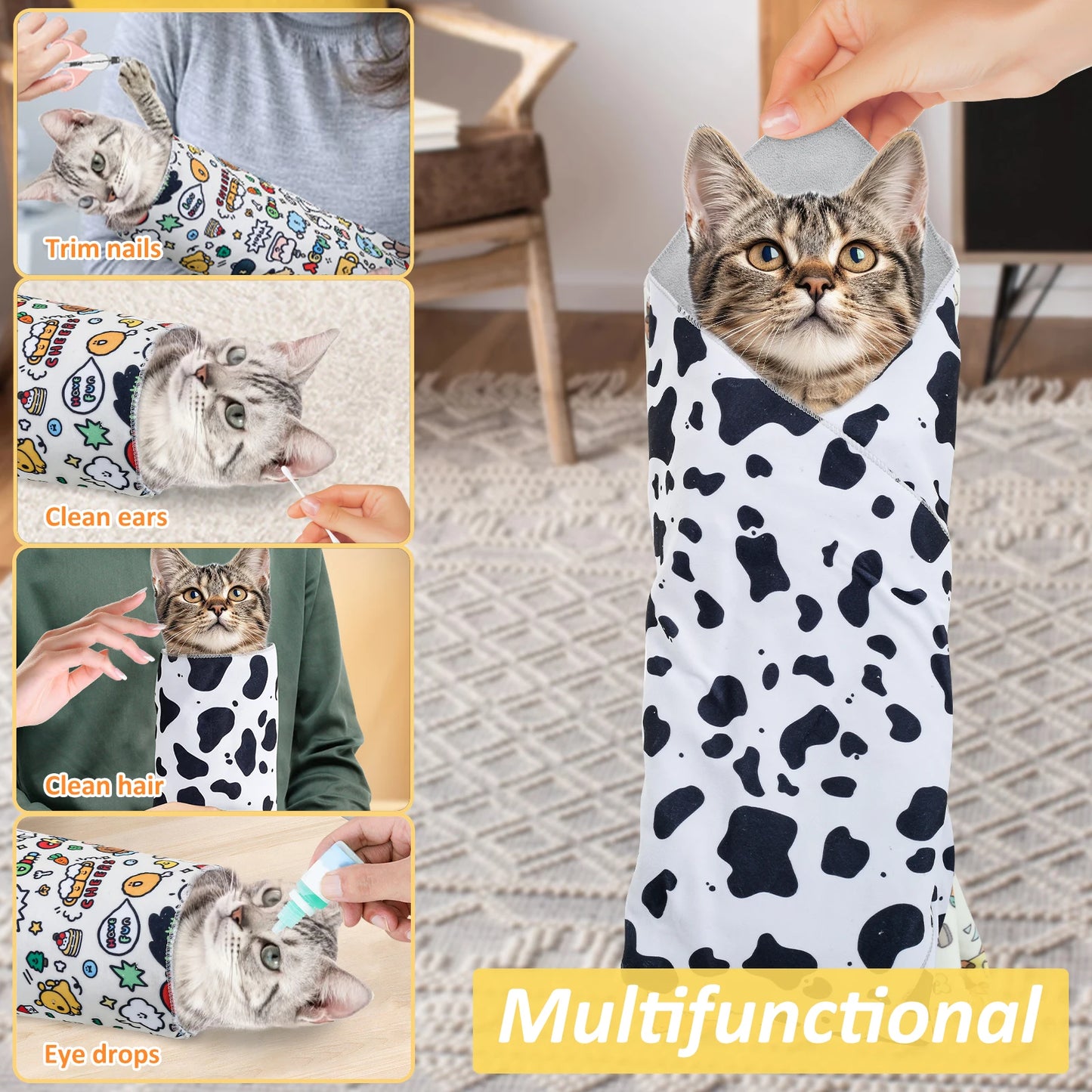 2Pcs Cat Restraint Wrap Nylon Self-Adherent Cat Grooming Wrap With Cartoon Print Anti Escape Anti Scratch Cat Nail Cutting Wrap