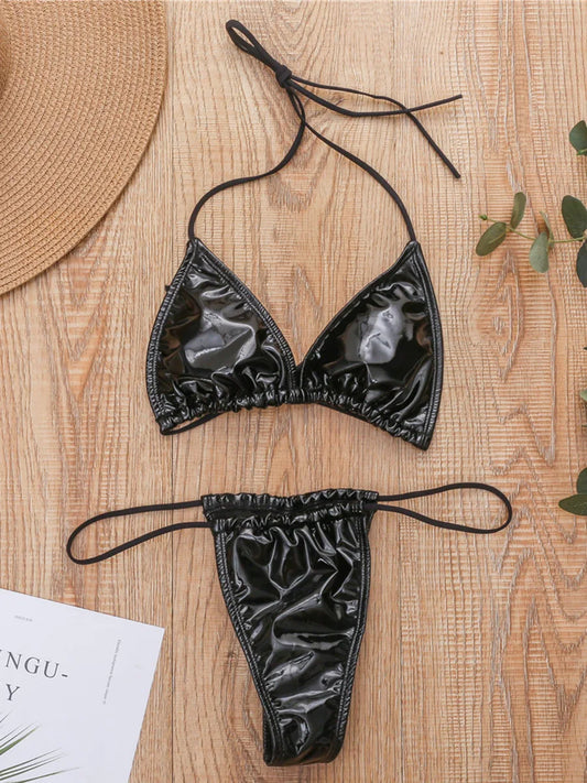Shiny PU Mini Micro Bikini 2025 Women Swimsuit Female Brazilian Swimwear Two Pieces Bikini Set High Cut Bathing Suit Swim Lady