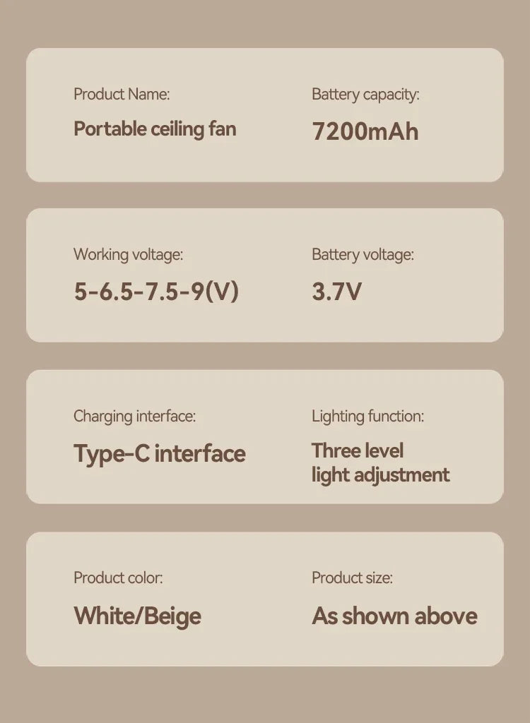 7200mAh Ceiling Fans Portable Camping Fan Tent Air Circulator Cooler Outdoor Rechargeable Electric Fan LED Light Remote Control