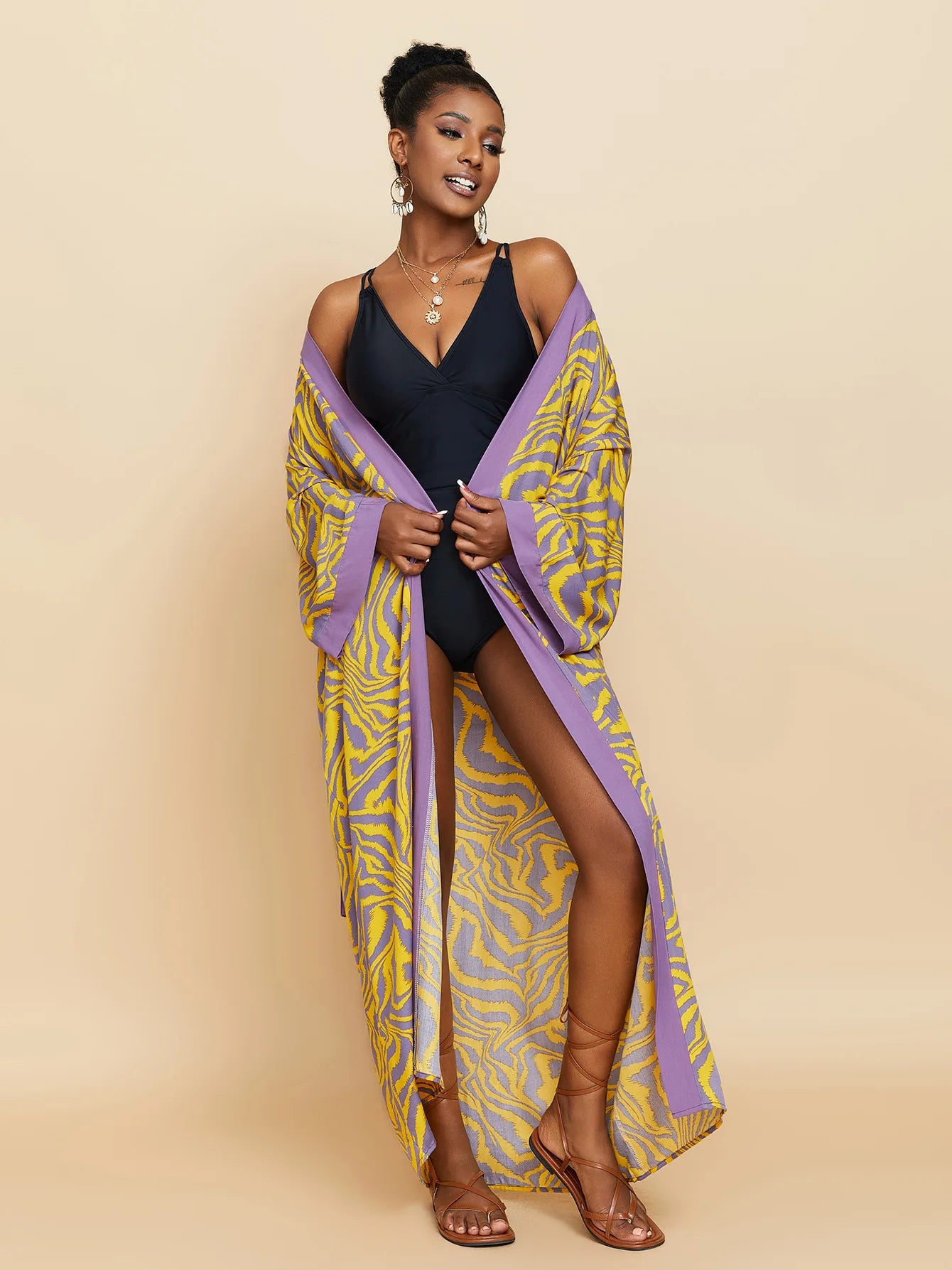 Zebra Beach Cover Ups for Women Long Sleeve Kimono Dress Self Belted Rayon Elegant Pareo 2023 Bathing Suits Holiday Beachwear