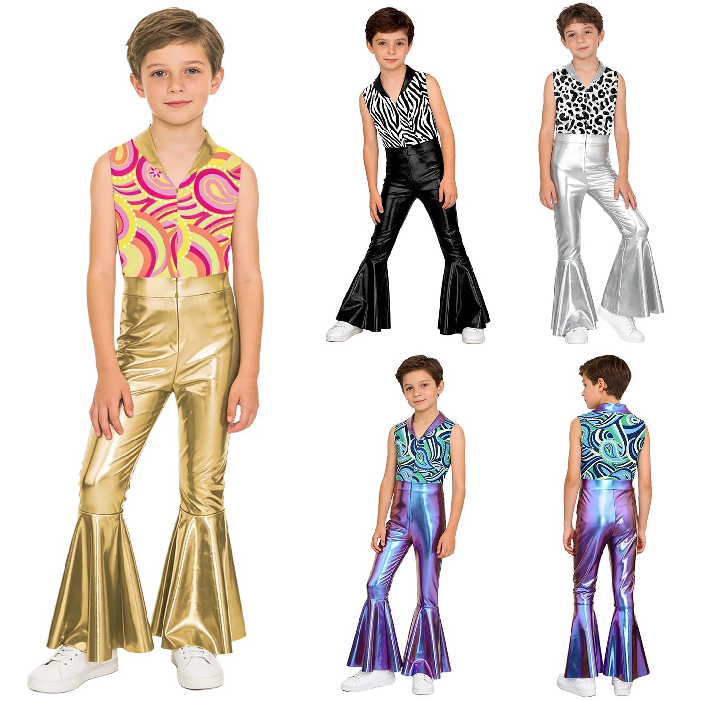 Children Boys 70-80s Disco Hippie Cowboy Costume Metallic Shiny Zipper Bell-bottom Jumpsuit for Halloween Carnival Cosplay Party