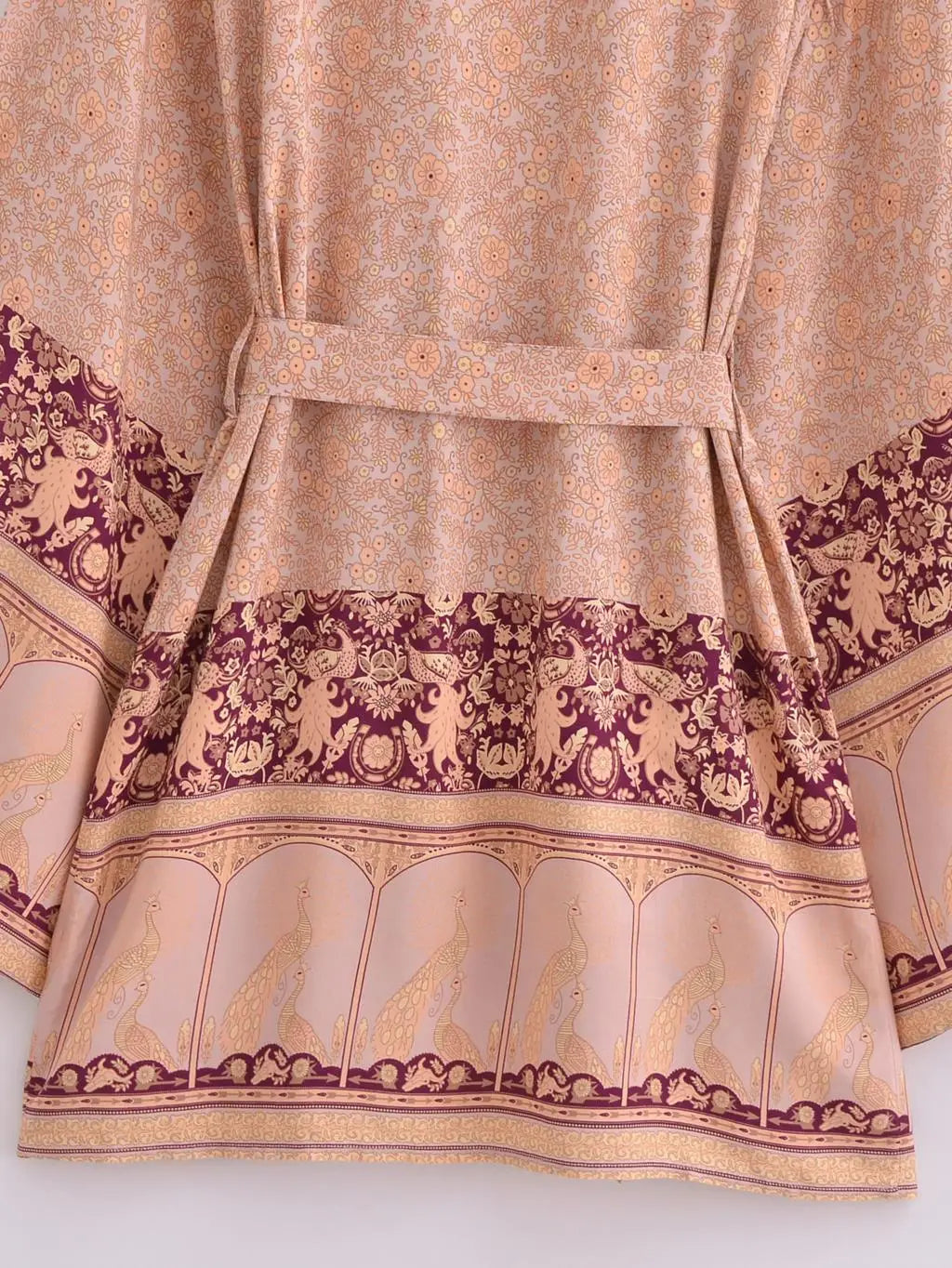 BOHO Women Blue With Pink Flower Print Kimono Shirt Holiday Tide Bow Sashes Mid Long Cardigan Summer Blouse Beach Cape