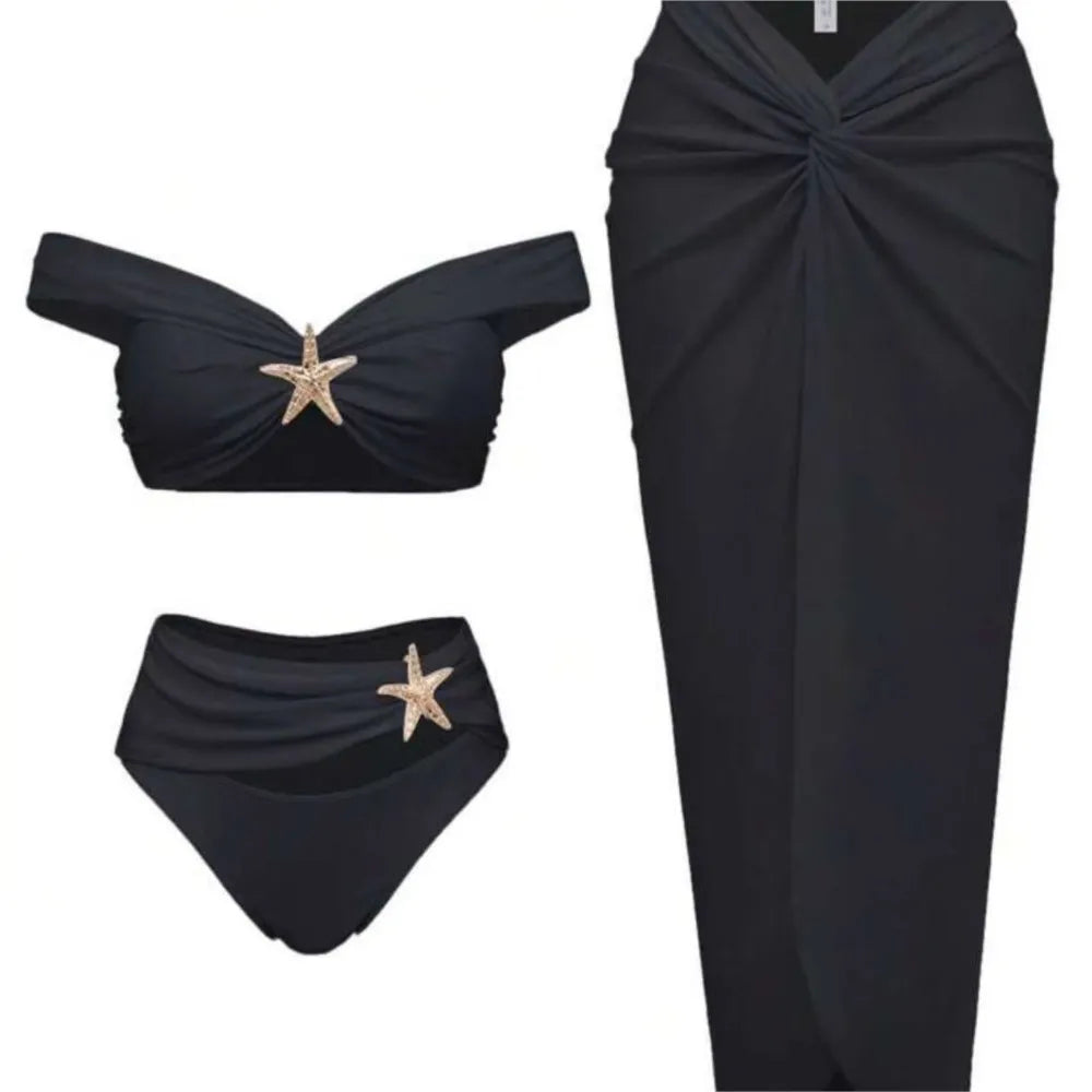 New Women's Clothing Starfish Bikinis Sets Solid Color Swimsuit Long Skirt Three Piece Simple Style Temperament Simple Style