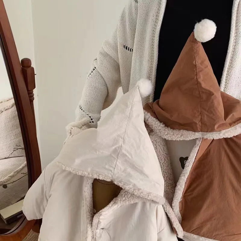 2025 Winter New Baby Warm Lamb Cashmere Hooded Coat Solid Versatile Boys Girls Padded Jacket Plus Velvet Thick Infant Clothes