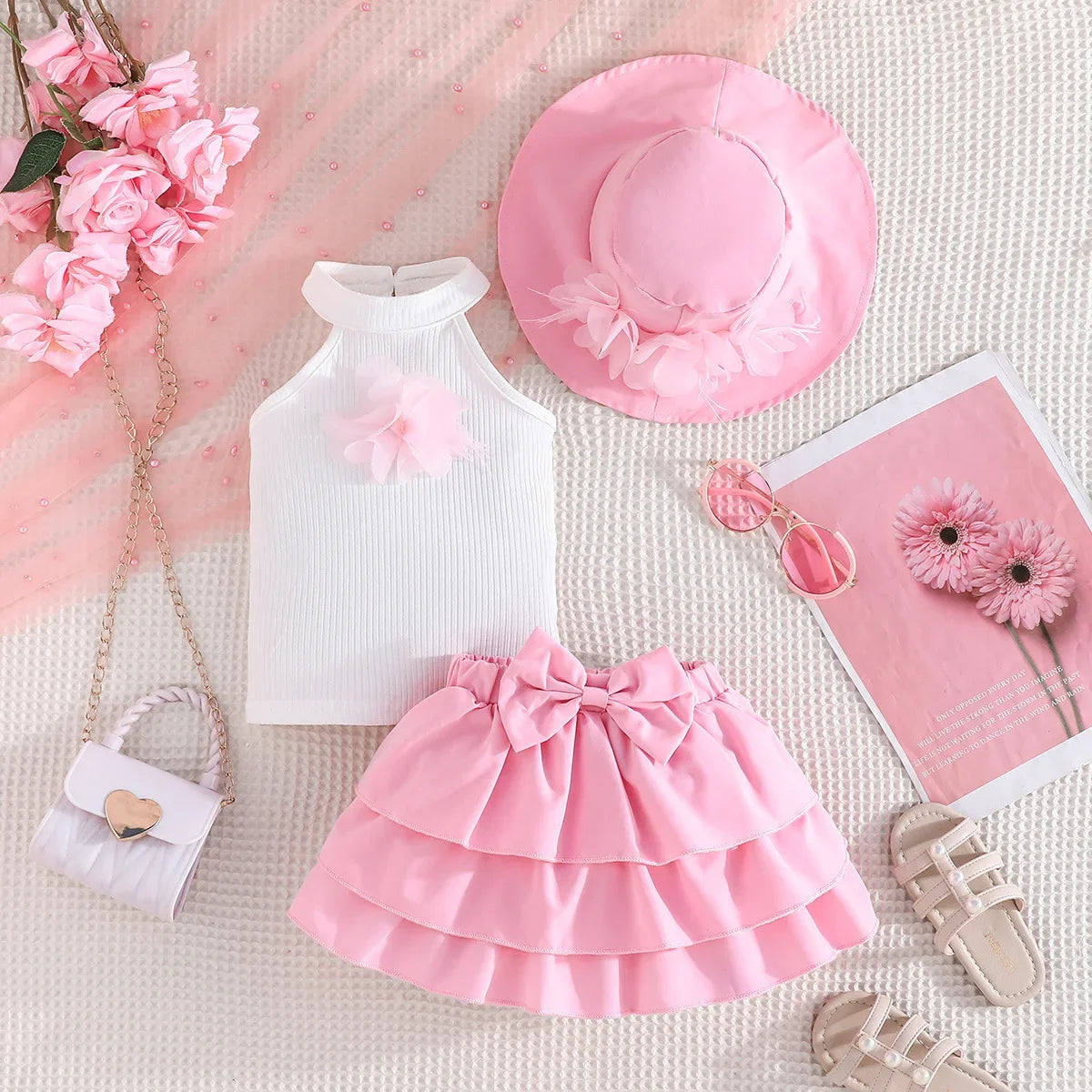 Toddler Girl Outfit Sets Sleeveless Turtleneck Fixed Flower T-shirt+Layered Skirt+Sun Hat Summer 3pcs Sets For Baby Girl Clothes