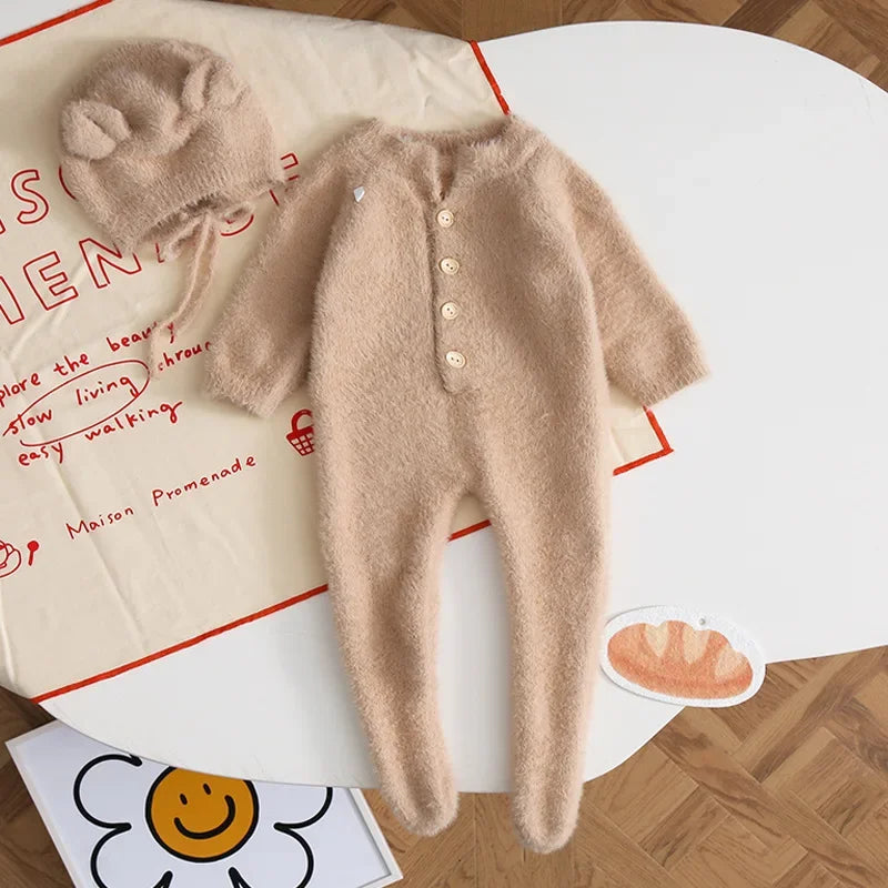 HoneyCherry Baby Solid Color Footies Cute Footed Hoodie Plush Pajamas Homewear Baby Clothes