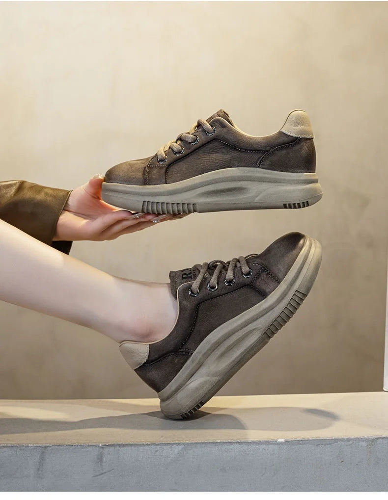DRKANOL Spring Genuine Leather Casual Sneakers Women Thick Bottom Platform Lightweight Single Shoes Ladies Wedges Heel Shoes