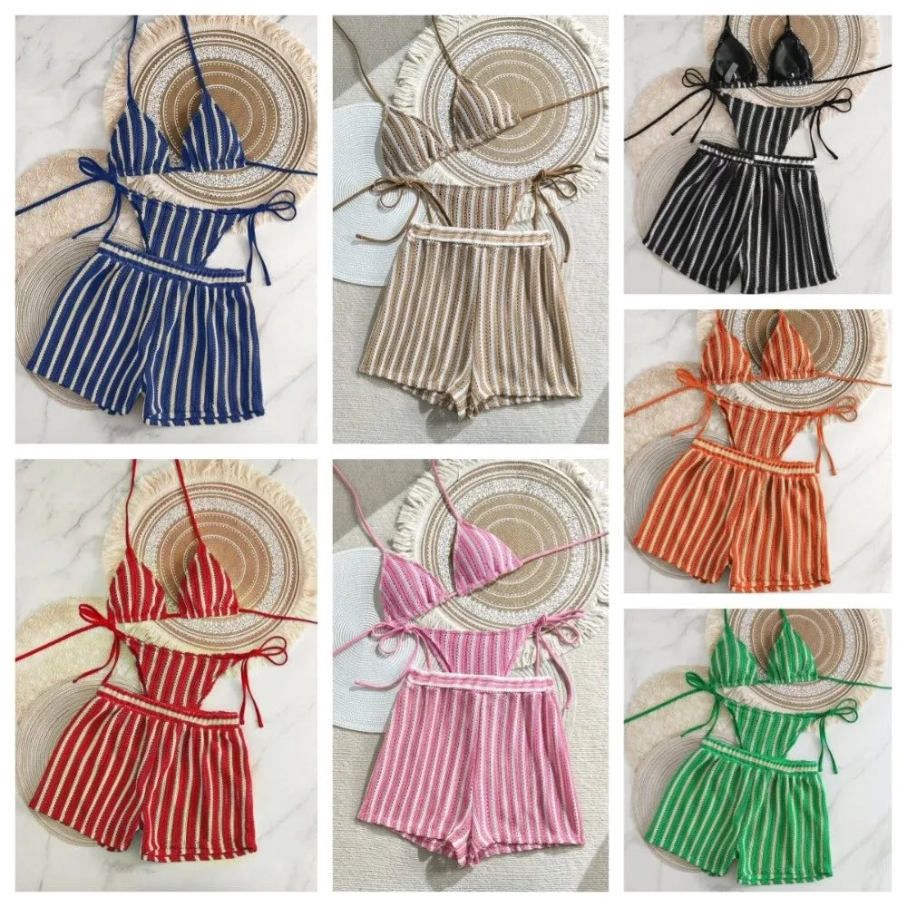 Fashion Stripes 3 in 1 Swimwear Set Lace Up Slim Fit Bikini Bathing Suit Deep-V Sleeveless Knitting Swimsuit Vacation